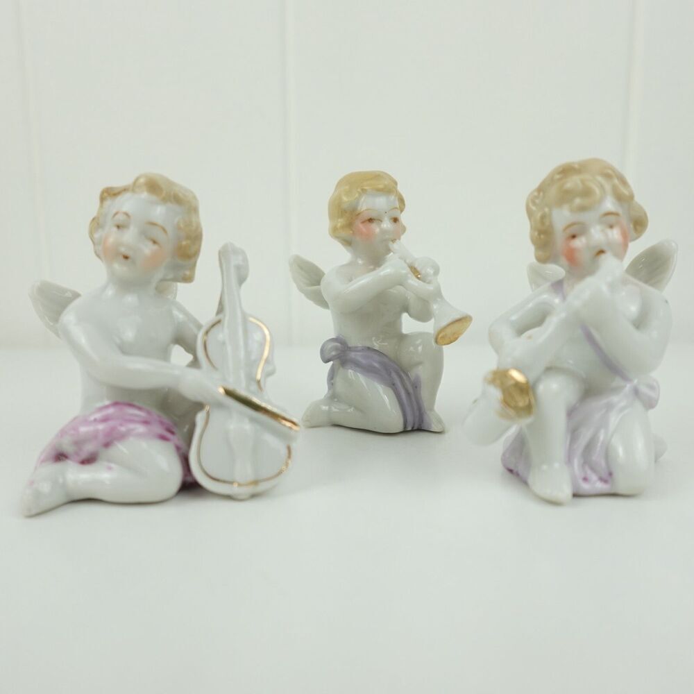 Angels Cherubs Porcelain Musicians Cello Violin Horn Set of 3 Vintage